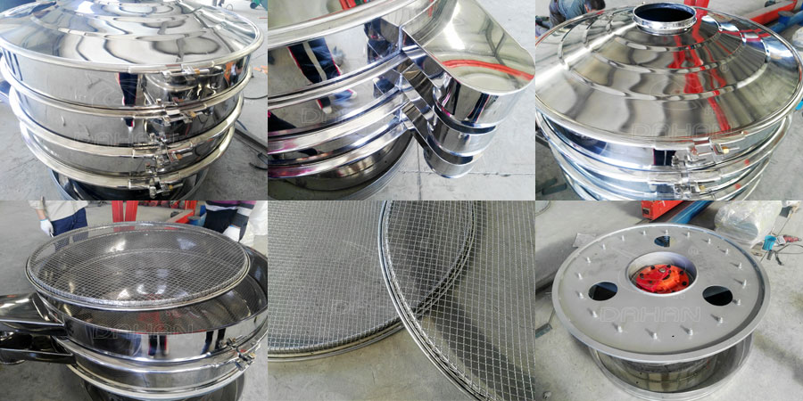 藕粉振動(dòng)篩細(xì)節(jié)：鎖緊扣，出料口，防塵蓋，篩網(wǎng)，振動(dòng)底座。