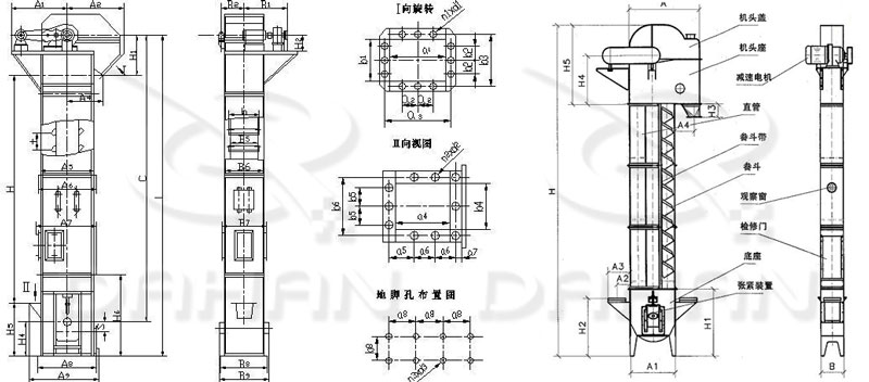 TD/D型斗式提升機(jī)基本結(jié)構(gòu):機(jī)頭蓋，機(jī)頭座，減速電機(jī)，直管，底座，緊張裝置等。