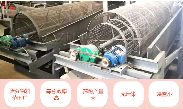 滾筒篩分機主要特點：篩分物料范圍廣，篩分效率高，篩分產(chǎn)量大，無污染，噪音小。