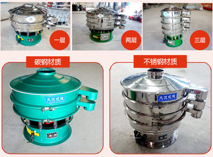 旋振篩層級分類：一層，兩層，三層材質分類：碳鋼，不銹鋼等