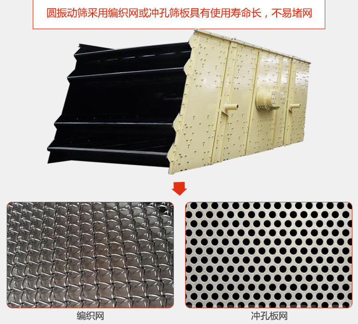 圓振動篩采用編織網(wǎng)或沖孔篩板具有使用壽命長，不易堵網(wǎng)。