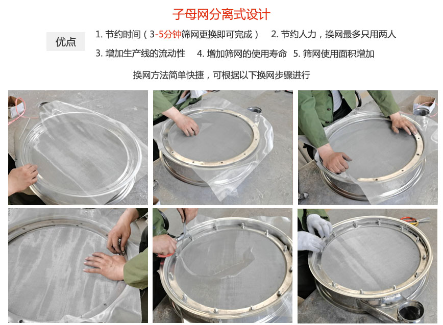 大漢振動(dòng)機(jī)械換網(wǎng)優(yōu)勢(shì)：1，節(jié)省時(shí)間（3-5分鐘篩網(wǎng)更換即可完成）2，節(jié)省人力，換網(wǎng)只有兩人。3.增加生產(chǎn)線的流暢性。4.增加篩網(wǎng)壽命，彈跳球不直接撞擊子網(wǎng)。5.篩網(wǎng)使用面積增加。