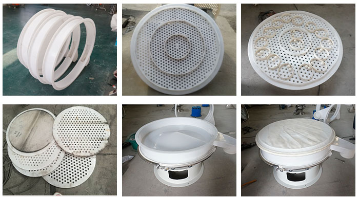 塑料防腐旋振篩配件：振動篩底座，篩框，防塵蓋，篩網(wǎng)，振動電機(jī)座。