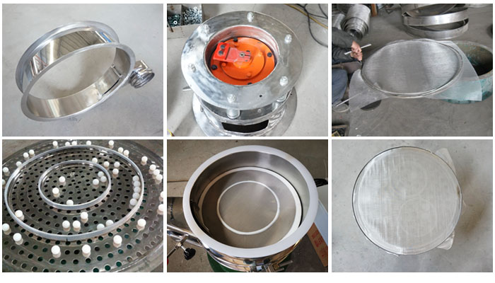 不銹鋼小型振動(dòng)篩細(xì)節(jié)：振動(dòng)篩篩框，振動(dòng)電機(jī)座，篩網(wǎng)，彈跳球，密封圈，篩網(wǎng)網(wǎng)架。