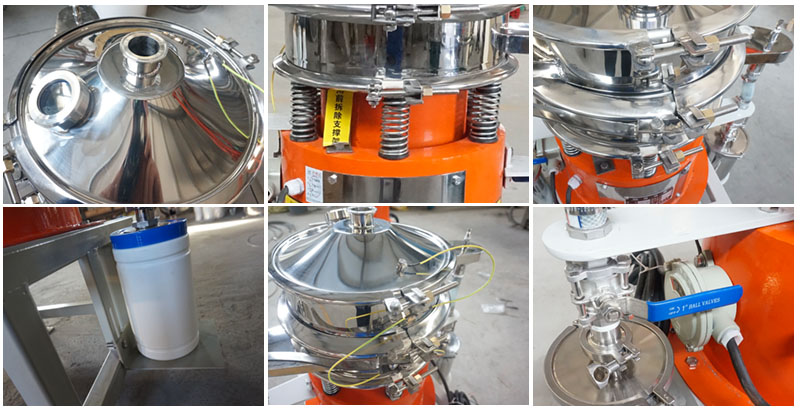 氣體保護(hù)超聲波振動(dòng)篩細(xì)節(jié)：控制閥，料罐，篩網(wǎng)。