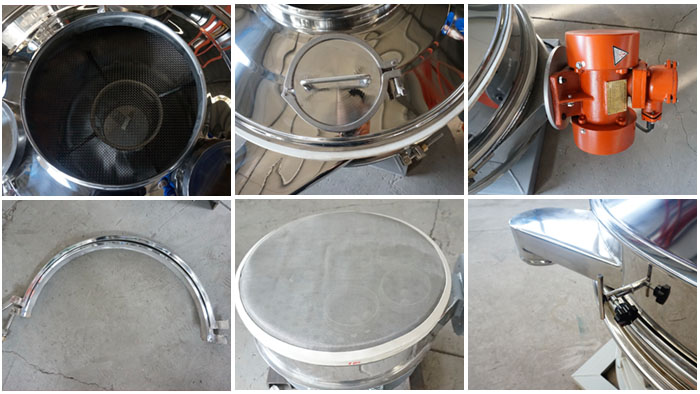 單振源直排篩細(xì)節(jié)展示：防塵蓋，振動(dòng)源，振動(dòng)篩網(wǎng)，大束環(huán)，控制開關(guān)等。