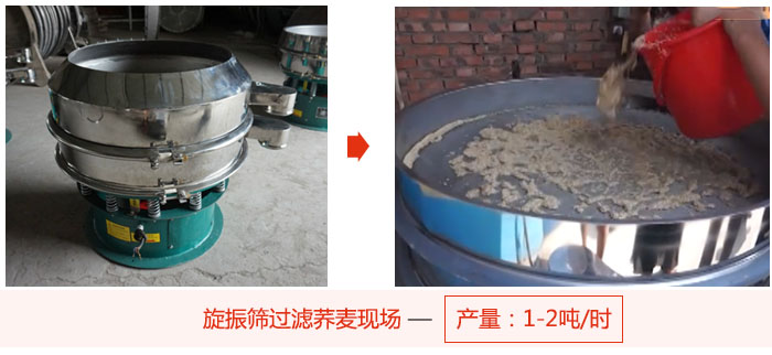 旋振篩過(guò)濾蕎麥現(xiàn)場(chǎng)，產(chǎn)量可達(dá)2噸每小時(shí)。