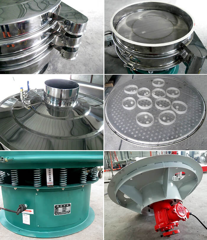 圓形旋振篩細(xì)節(jié)展示：出料口，篩網(wǎng)，進(jìn)料口，網(wǎng)架，擋球環(huán)，振動(dòng)彈簧，振動(dòng)電機(jī)等。