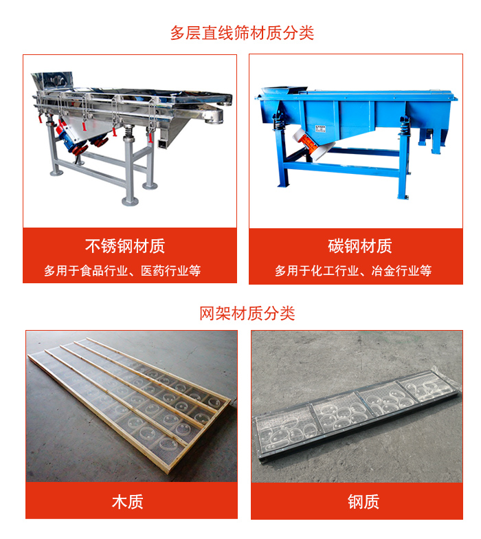 多層直線振動篩材質(zhì)有：不銹鋼，碳鋼；網(wǎng)架材質(zhì)有木質(zhì)，鋼質(zhì)等。