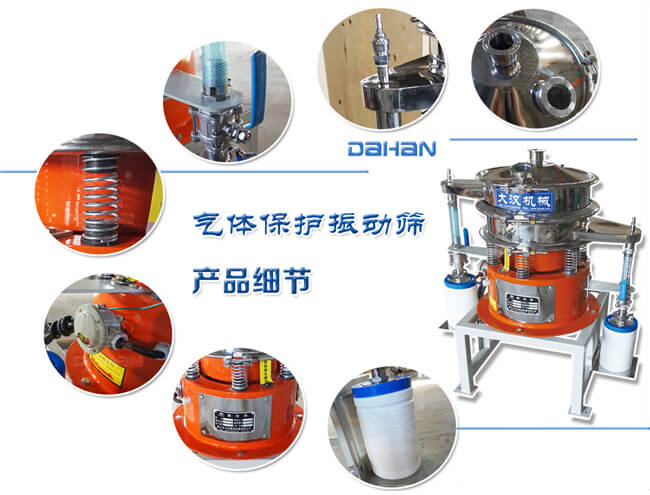 氣體保護(hù)振動篩細(xì)節(jié)：振動彈簧，手動閥門，料罐等。