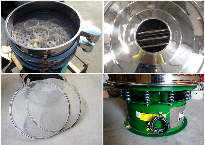 單層振動篩細節(jié)：篩網(wǎng)，進料口，振動彈簧，彈跳球。